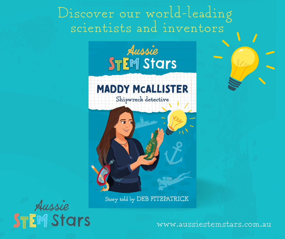 The image shows a book, face up. The title is Maddy McAllister: Shipwreck Detective. The cover shows a drawing of a woman with long brown hair, wearing a wetsuit, with a snorkel and mask hooked over her arm. She is holding an old green bottle, covered with crustaceans. Around her, in the background, are images of a lightbulb, an anchor, a ship and a scuba diver. The author's name is at the bottom: Deb Fitzpatrick